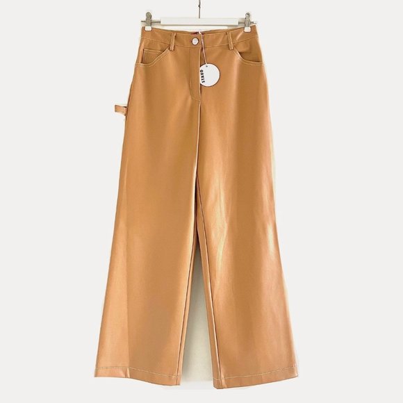 New STAUD Domino Vegan Leather Wide-Leg Pants in Camel Size 4 - Picture 4 of 11